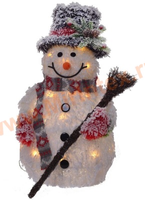 Фигура текстильная, светодиодная каркасная с подсветкой "Снеговик в шляпе с метлой" 50 см