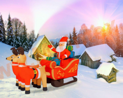 Надувная фигура Дед мороз в санях, новогодняя упряжка с оленями 240 см, 3D уличная, светодиодная,Christmas is coming, с подсветкой, встроенный компрессор постоянного поддува, IP44, 220В