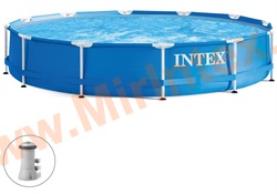 INTEX 28212 Бассейн каркасный Metal Frame Set, круглый 366 х 76 см, картриджный фильтр-насос 2006л/ч., от 6 лет.